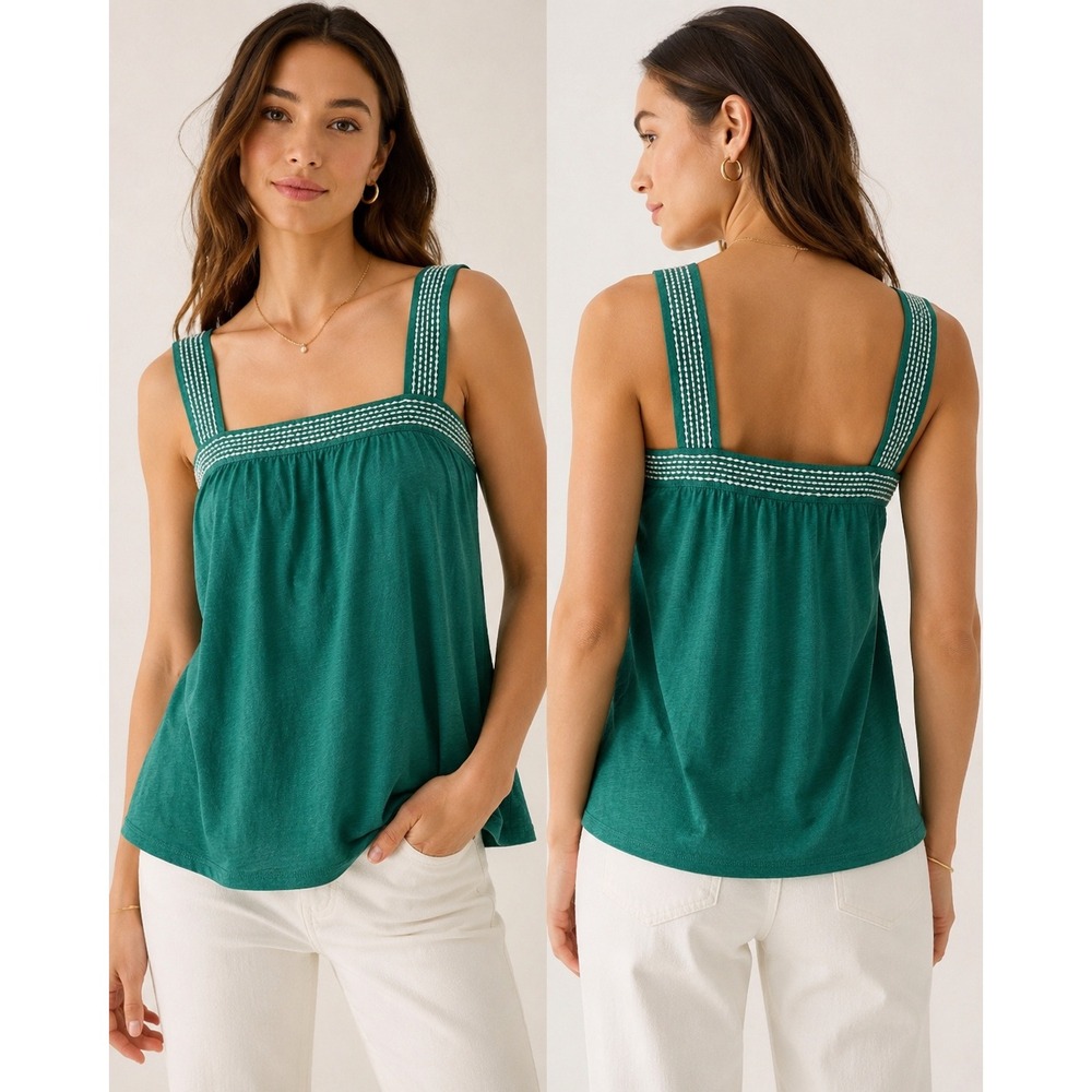 Loft Green Embroidered Ruffle Strap Tank Top Square Neck Slub Knit Large NWT
